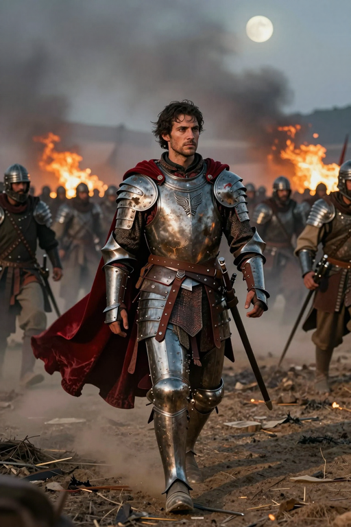 A determined knight in full plate armor stands amidst a battlefield with flames and a moonlit sky.